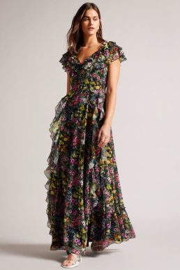 Ted Baker Adiie Floral Waterfall Ruffle Maxi Dress Black Multi