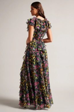 Ted Baker Adiie Floral Waterfall Ruffle Maxi Dress Black Multi