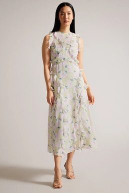 Ted Baker Calinia Sleeveless Waterfall Ruffle Midi Dress Lilac Multi