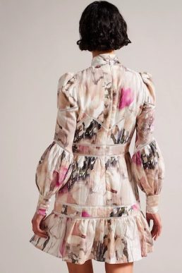 Ted Baker Fleurz Linen Sleeve Mini Dress Blush Pink Multi