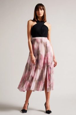 Ted Baker Loulous Midi Dress With Floral Pleated Skirt Blush Black