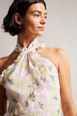 Ted Baker Suttonn Twist Neck Frill Detail Mini Dress Light Yellow Multi