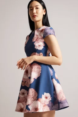 Ted Baker Trinia Floral Print Skater Dress Dark Blue Pink Blush