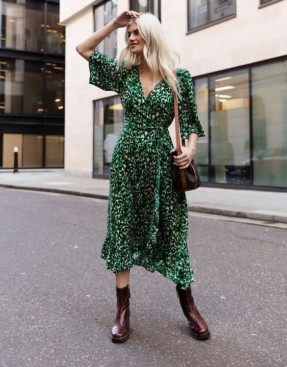 Threadbare Women's Green Leopard Print Midi Wrap Dress