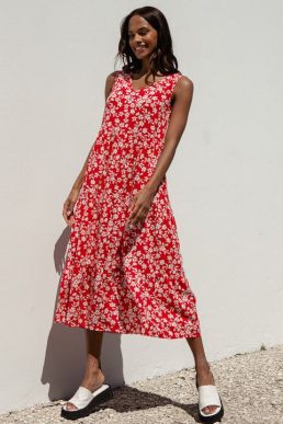 Threadbare Women's Red Floral Print Tiered V-Neck Midi Dress