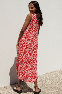 Threadbare Women's Red Floral Print Tiered V-Neck Midi Dress