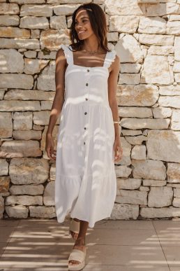 Threadbare Women's White Linen Blend Tiered Midi Dress with Flutter Straps