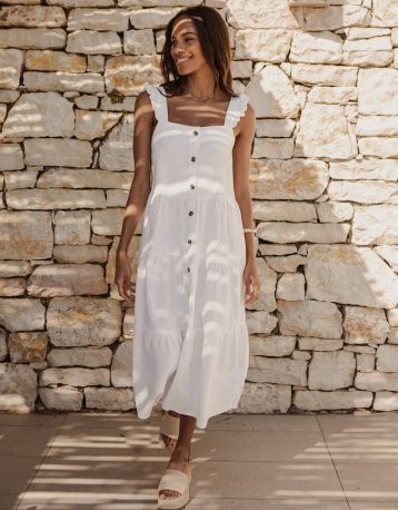 Threadbare Women's White Linen Blend Tiered Midi Dress with Flutter Straps