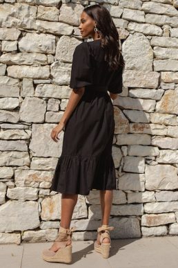 Cotton Poplin V Neck Tie Belt Puff Sleeve Tiered Midi Dress