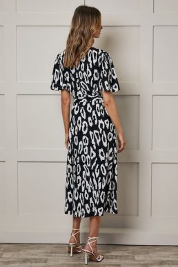 Women's Petite Black Abstract Animal Print Midi Dress