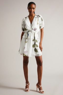 Ted Baker Jaliyaa V Neck Peplum Waist Mini Dress White Multi