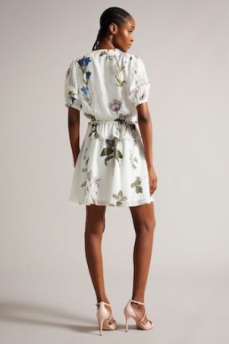 Ted Baker Jaliyaa V Neck Peplum Waist Mini Dress White Multi