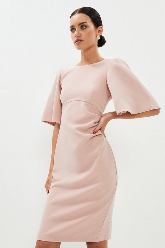 Coast Petite Flare Sleeve Ruche Midi Dress, Light Blush/Pink