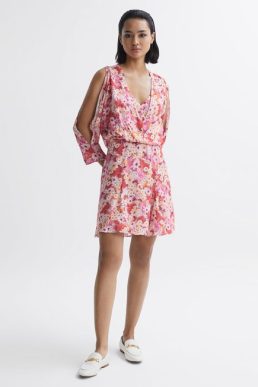 Reiss Annalisa Open Back Split Sleeve Mini Dress Pink Multi