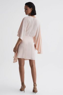 Reiss Christy Cape Sleeve Asymmetric Mini Dress Nude