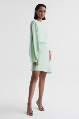 Reiss Christy Cape Sleeve Asymmetric Mini Dress Sage