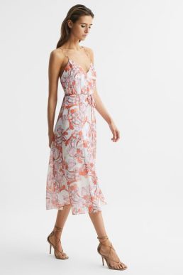 Reiss Pippa Floral Print Midi Dress Pink Multi