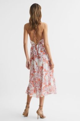 Reiss Pippa Floral Print Midi Dress Pink Multi
