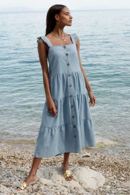 Threadbare Women's Light Blue Chambray Button Tiered Midi