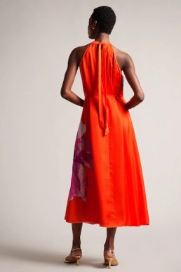 Ted Baker Immia Halterneck Midaxi Swing Dress Bright Orange pink