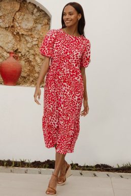 Red Abstract Spot Print Puff Sleeve Tiered Smock Midi Dress