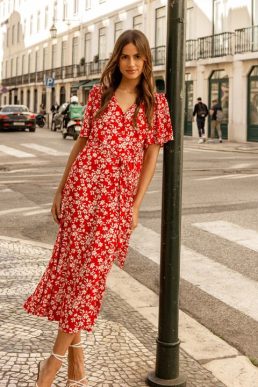 Threadbare Red Floral Print Flutter Sleeve Midi Dress
