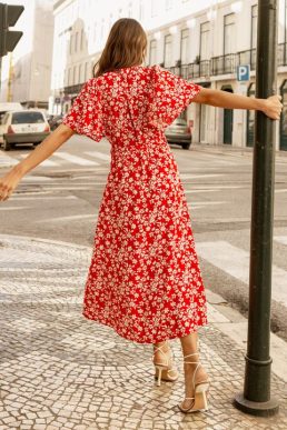 Threadbare Red Floral Print Flutter Sleeve Midi Dress