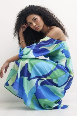 Nobody's Child Blue Abstract Bardot Maxine Midi Dress Blue Multi