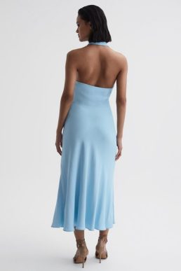Reiss Amber Halter Neck Tie Detail Midi Dress Blue
