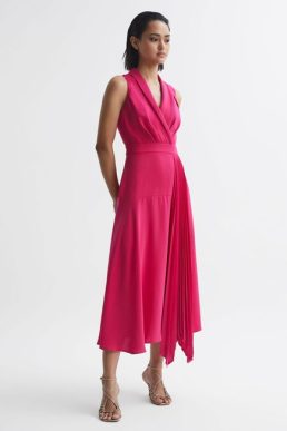 Reiss Claire Pleated Fitted Midi Dress Pink