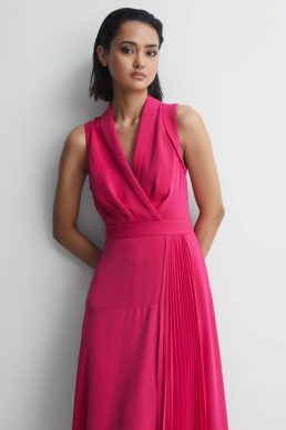 Reiss Claire Pleated Fitted Midi Dress Pink