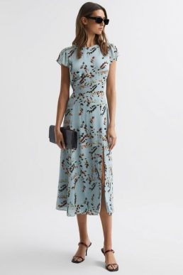 Reiss Livia Printed Cut Out Back Midi Dress Blue Multi