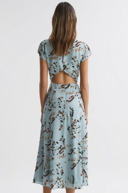 Reiss Livia Printed Cut Out Back Midi Dress Blue Multi