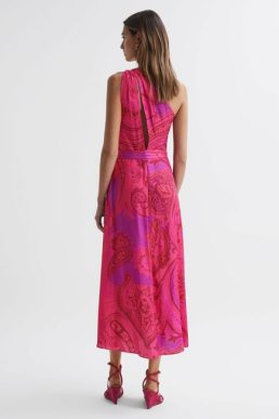 Reiss Mila One Shoulder Paisley Maxi Dress Pink Multi