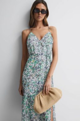 Reiss Pippa Floral Printed Midi Dress Green Multi