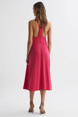 Reiss ViennaHalter Neck Cut Out Midi Dress Pink