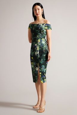 Ted Baker Divena Floral Pleated Bardot Bodycon Dress Green