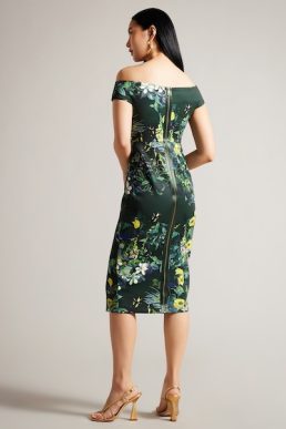 Ted Baker Divena Floral Pleated Bardot Bodycon Dress Green