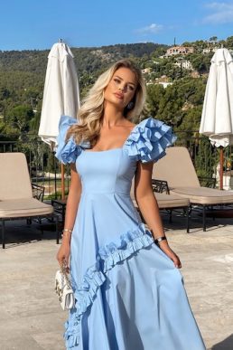 Coast Frill Sleeve Ruffle Skirt Cotton Midi Dress Light Blue