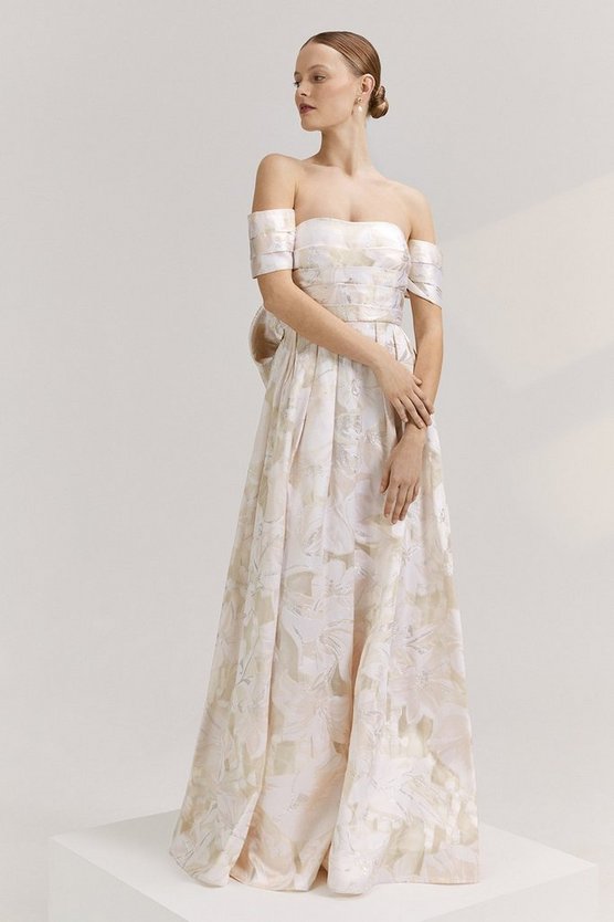 RSN Inspired Organza Jacquard Bardot Dress