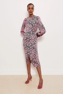 Hobbs Charton Floral Long Sleeve Dress Green Pink