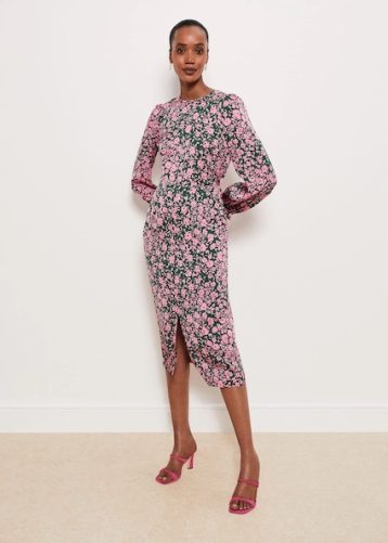 Hobbs Charton Floral Long Sleeve Dress Green Pink