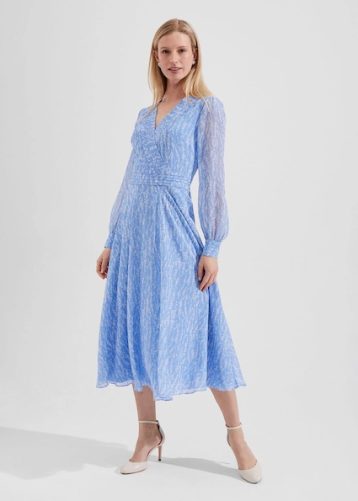 Hobbs Viviana Silk Fit And Flare Dress Light Blue