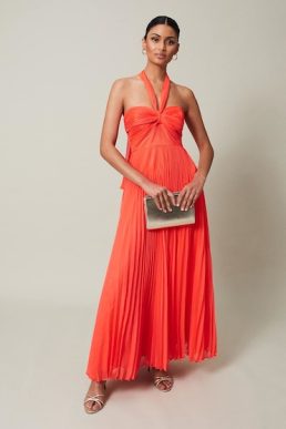 Phase Eight Evangeline Pleated Halterneck Maxi Dress Coral