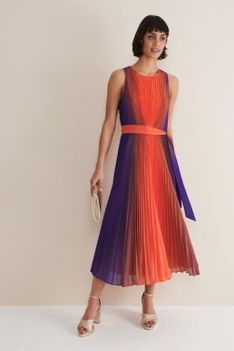 Phase Eight Simara Ombre Pleated Midi Dress Vermillion multi