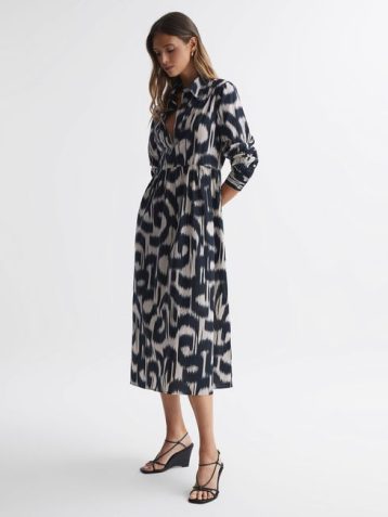 Reiss Cleo Printed Sleeve Midi Dress Black Cream
