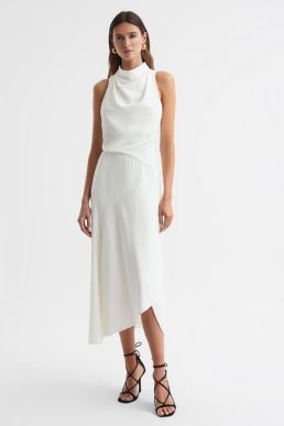Reiss Giana High Neck Draped Midi Dress Ivory
