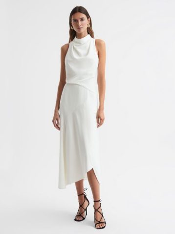 Reiss Giana High Neck Draped Midi Dress Ivory