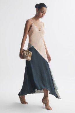 Reiss Hudson Fitted Asymmetric Midi Dress Nude Navy