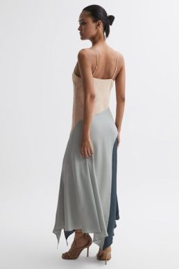 Reiss Hudson Fitted Asymmetric Midi Dress Nude Navy
